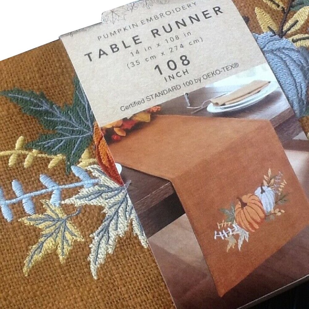 new 108"x14" PECAN-colored Autumn Pumpkin Embroidered Thanksgiving Table Runner